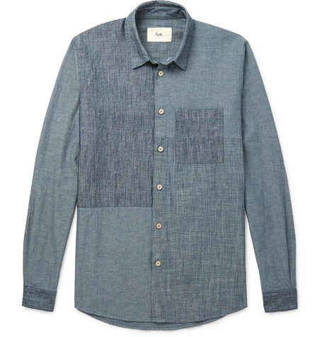 Folk Patchwork Cotton and Linen Blended Chambray Shi